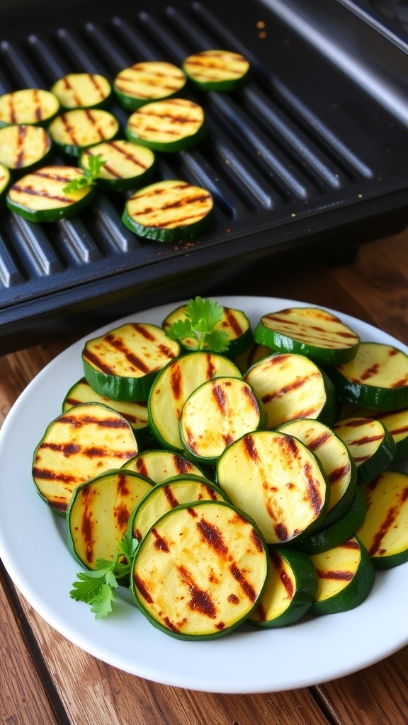 Grilled zucchini slices on a plate, garnished with parsley, with a Blackstone griddle in the background.